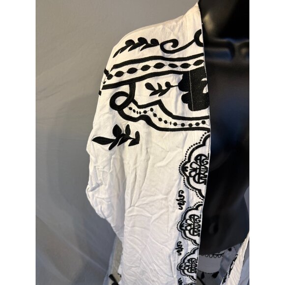 Chico's Womens White Black Pattern Duster Cardigan Sweater S/M Boho Tassels - Picture 2 of 3